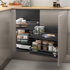 Bastidor extraíble rinconero de diseño único para almacenar cosas de forma ordenada en la cocina